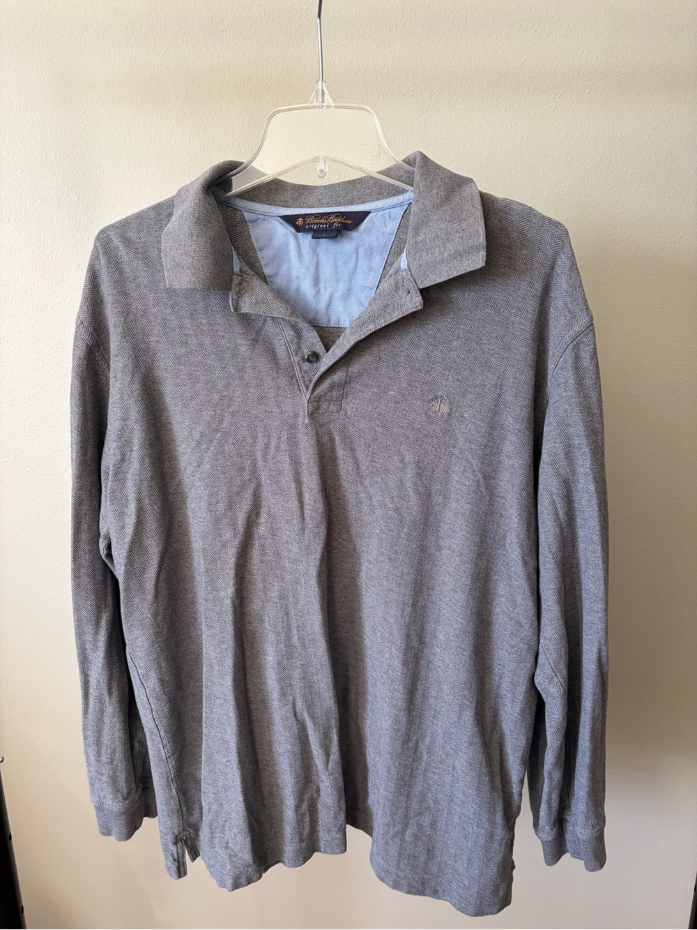 Brooks Brothers Gray Long Sleeve Polo with Light Blue Inner Collar
